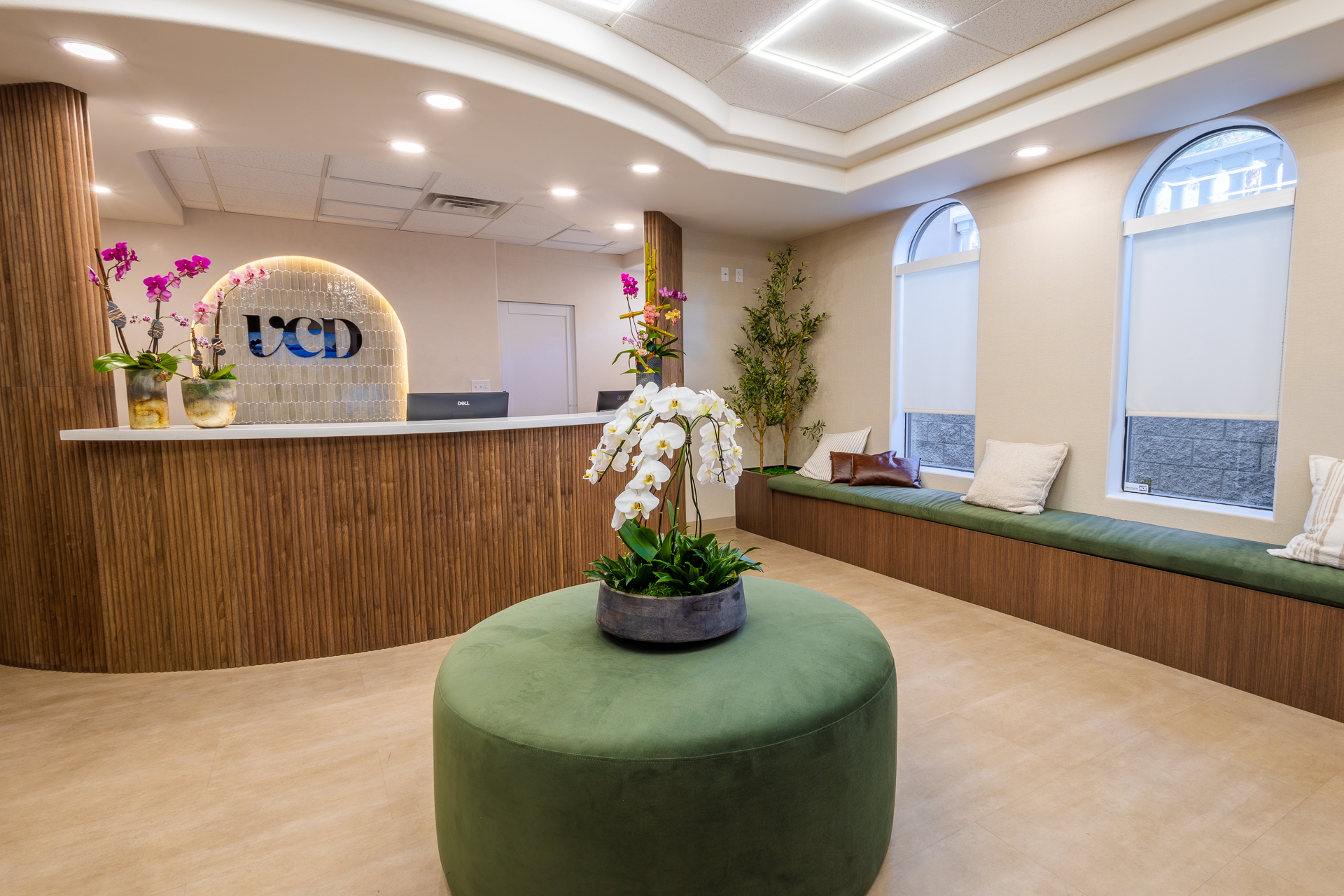 Vegas Choice Dental reception area with green seating, wood accents, and orchids